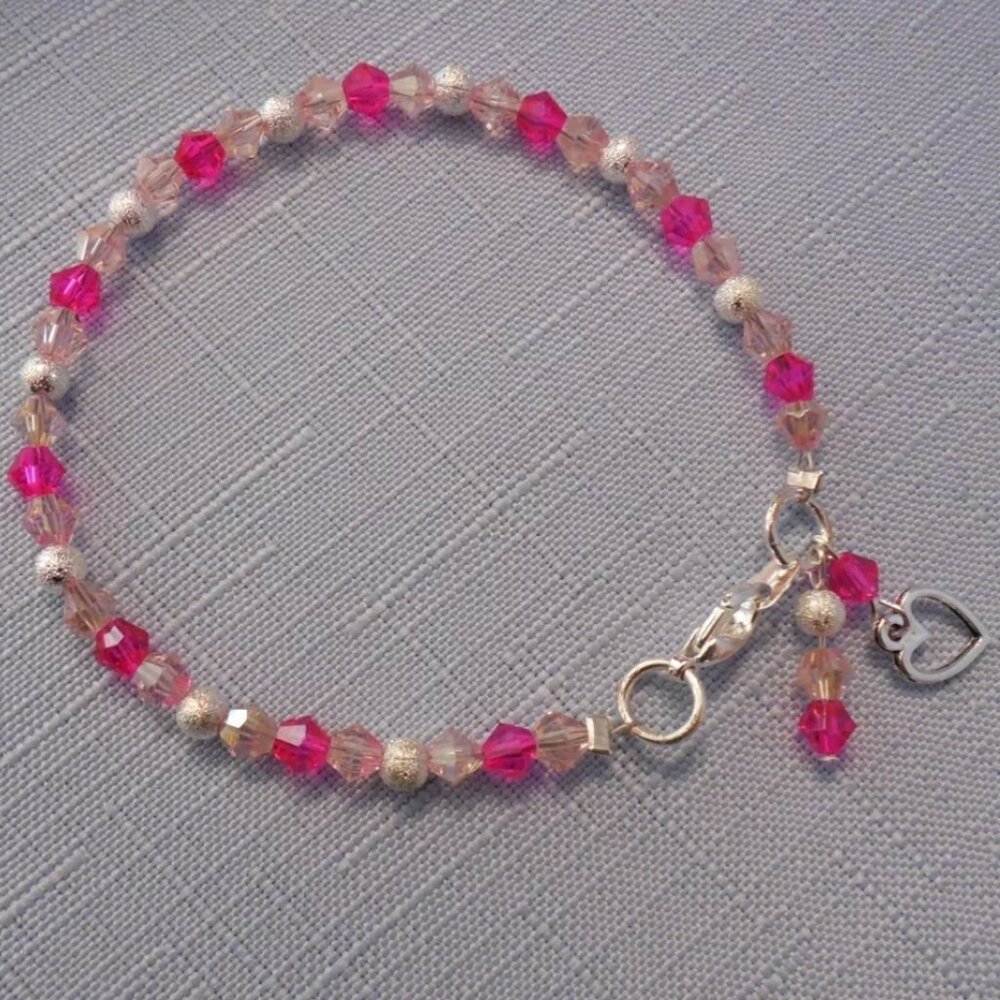 NEW Pink Pink & More Pink Beaded Bracelet Silver Plated Ball Beads & Heart Charm
